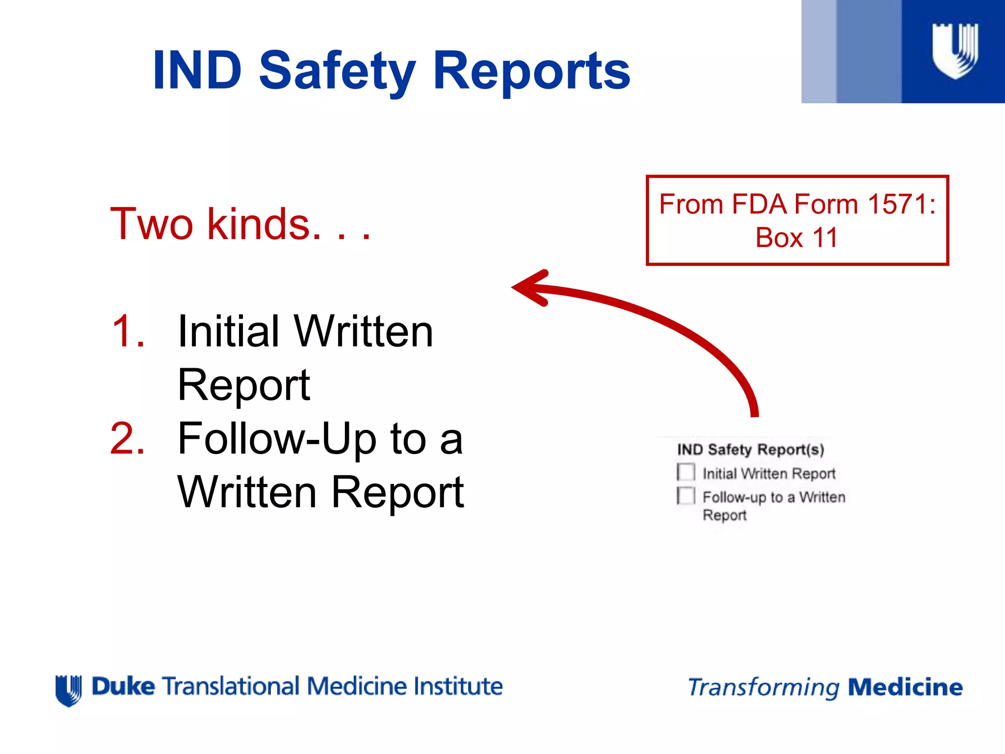 IND Safety Reports
From FDA Form 1571:
Box 11Two kinds. . .
1. Initial Written
Report
2. Follow-Up to a
Written Report
 