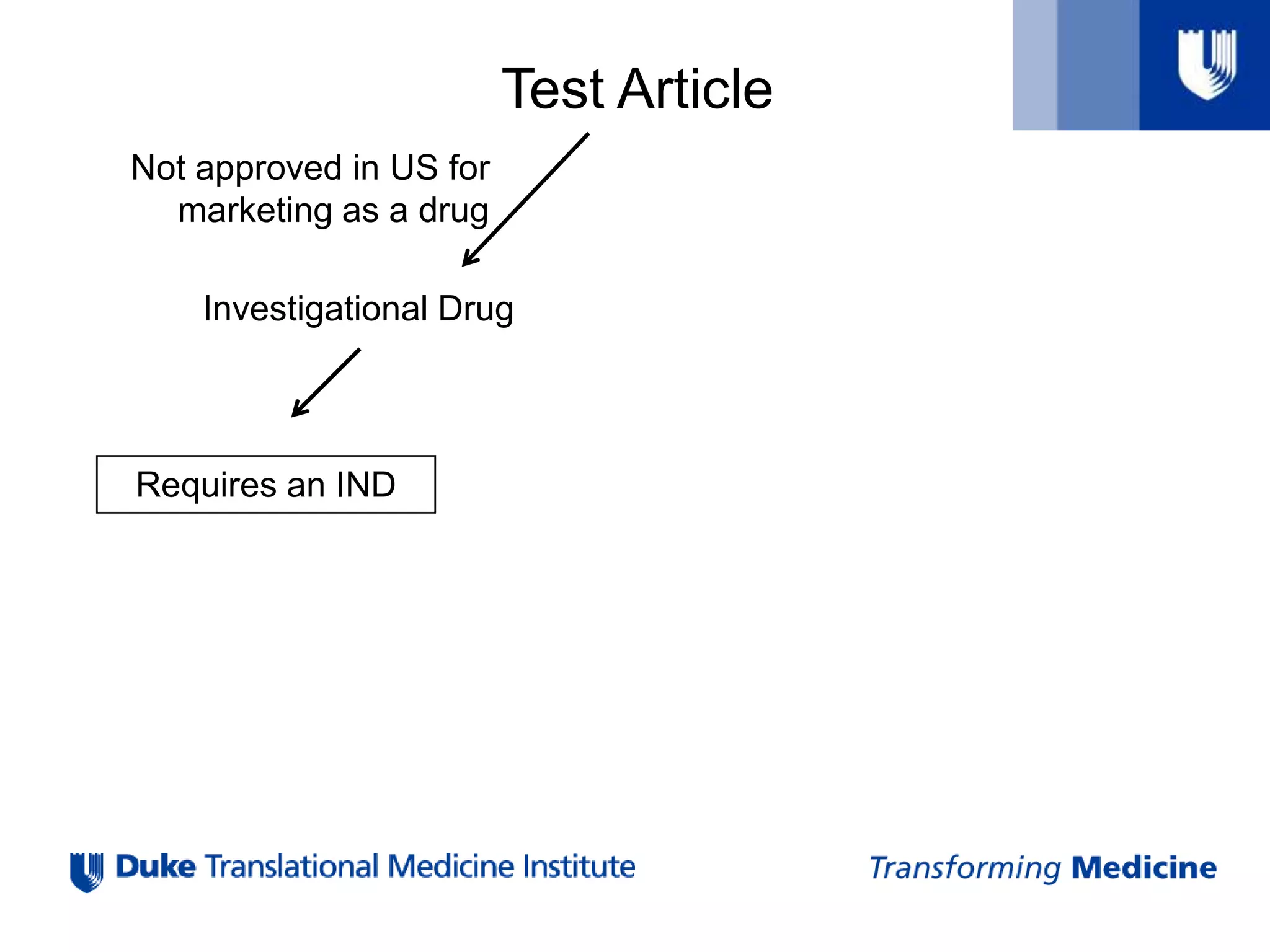 Test Article
Not approved in US for
marketing as a drug
Investigational Drug
Requires an IND
 