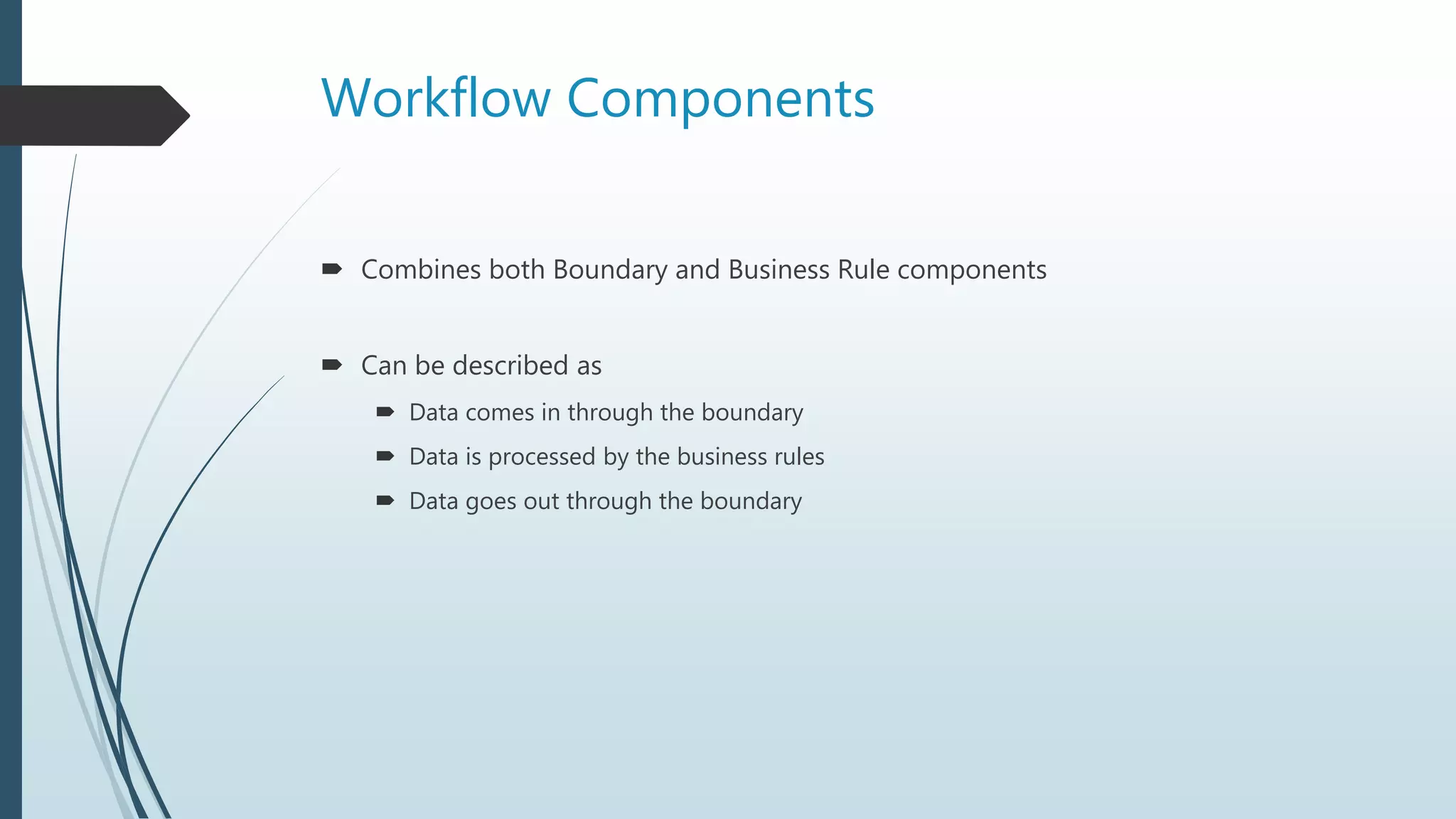 Workflow Components
 Combines both Boundary and Business Rule components
 Can be described as
 Data comes in through the boundary
 Data is processed by the business rules
 Data goes out through the boundary
 