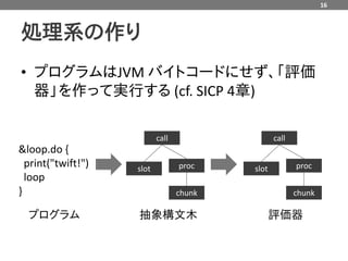 16



処理系の作り
• プログラムはJVM バイトコードにせず、「評価
  器」を作って実行する (cf. SICP 4章)

                           call                  call
&loop.do {
  print("twift!")   slot          proc    slot          proc
  loop
}                                 chunk                 chunk

  プログラム             抽象構文木                        評価器
 