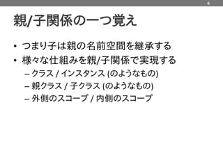 6



親/子関係の一つ覚え
• つまり子は親の名前空間を継承する
• 様々な仕組みを親/子関係で実現する
 – クラス / インスタンス (のようなもの)
 – 親クラス / 子クラス (のようなもの)
 – 外側のスコープ / 内側のスコープ
 