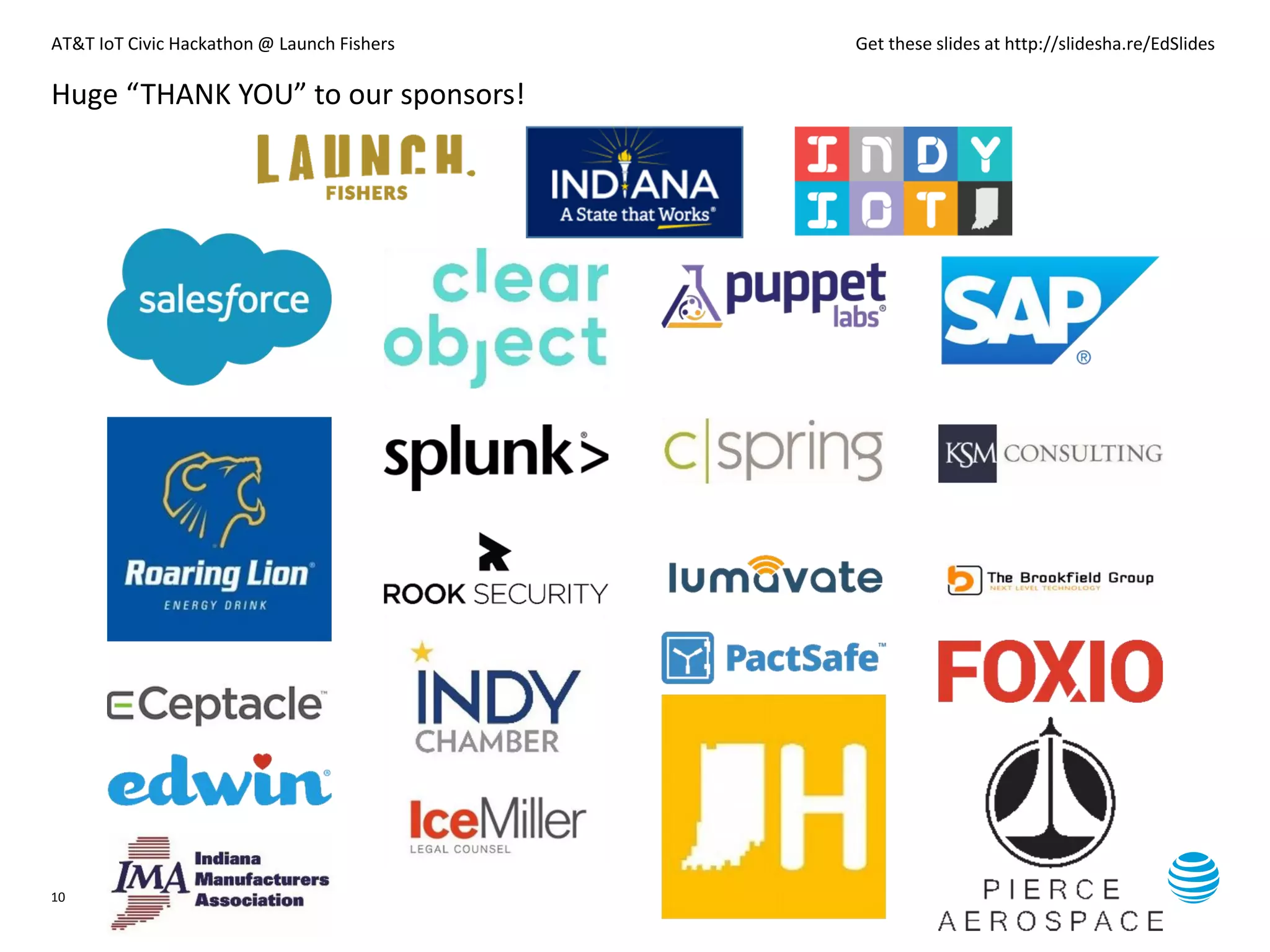 AT&T IoT Civic Hackathon @ Launch Fishers Get these slides at http://slidesha.re/EdSlides
10
Huge “THANK YOU” to our sponsors!
 