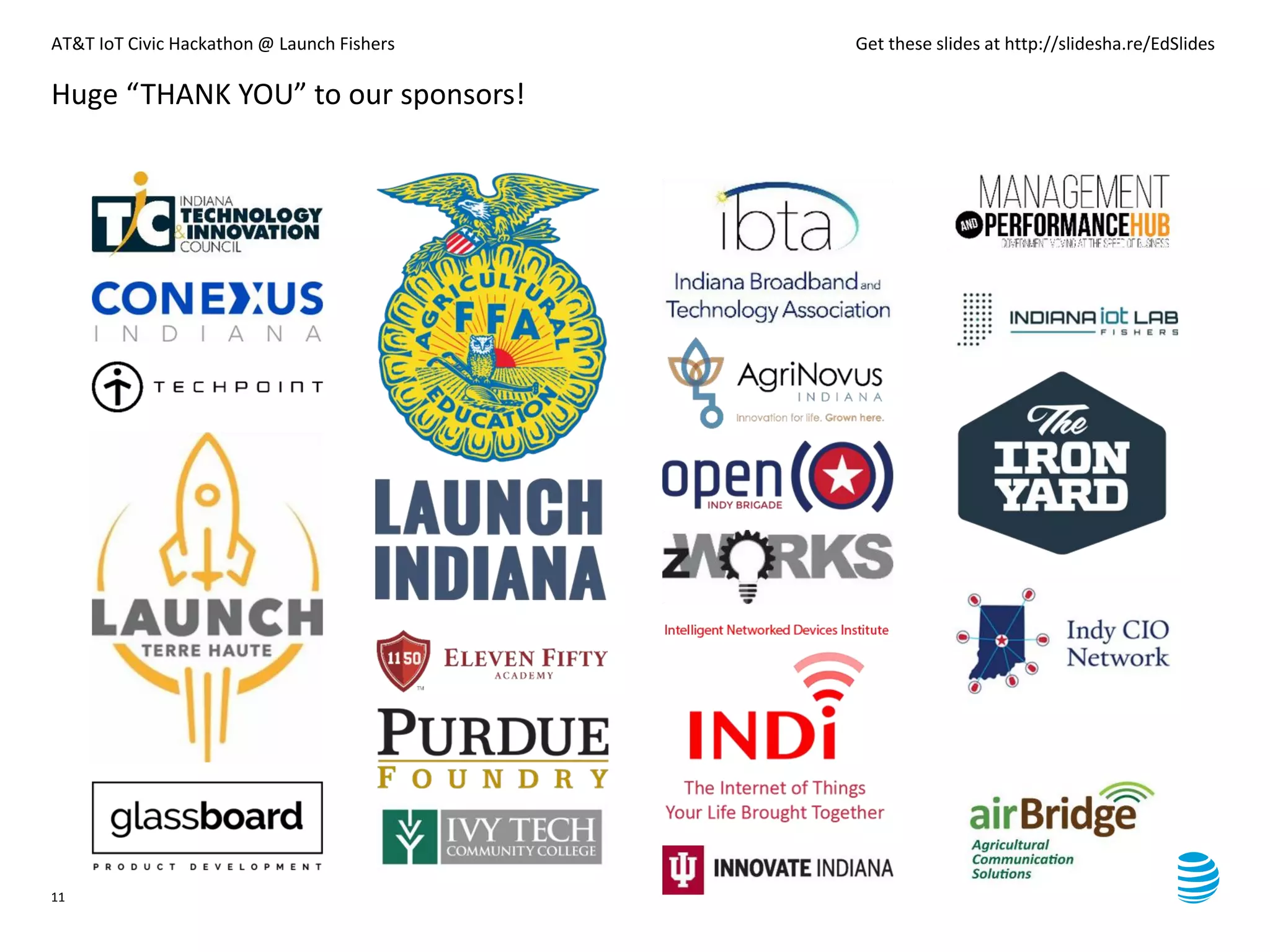 AT&T IoT Civic Hackathon @ Launch Fishers Get these slides at http://slidesha.re/EdSlides
11
Huge “THANK YOU” to our sponsors!
 