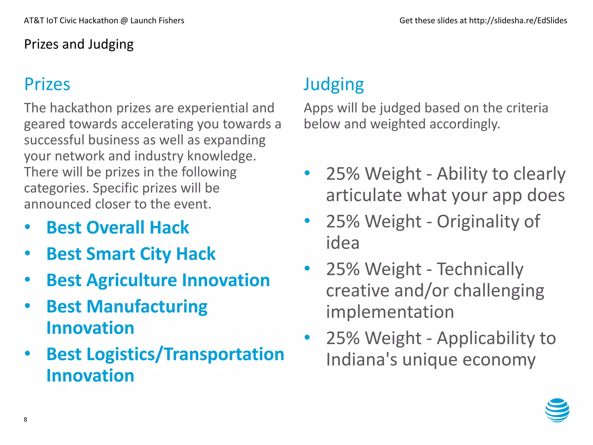 AT&T IoT Civic Hackathon @ Launch Fishers Get these slides at http://slidesha.re/EdSlides
8
Prizes and Judging
Prizes
The hackathon prizes are experiential and
geared towards accelerating you towards a
successful business as well as expanding
your network and industry knowledge.
There will be prizes in the following
categories. Specific prizes will be
announced closer to the event.
• Best Overall Hack
• Best Smart City Hack
• Best Agriculture Innovation
• Best Manufacturing
Innovation
• Best Logistics/Transportation
Innovation
Judging
Apps will be judged based on the criteria
below and weighted accordingly.
• 25% Weight - Ability to clearly
articulate what your app does
• 25% Weight - Originality of
idea
• 25% Weight - Technically
creative and/or challenging
implementation
• 25% Weight - Applicability to
Indiana's unique economy
 