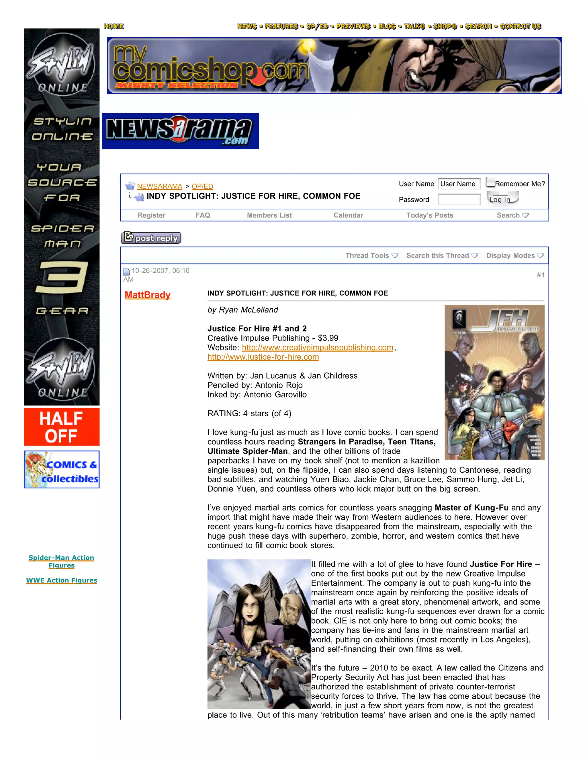 Newsarama Indy spotlight on "JFH Justice For Hire" October 2007 PDF