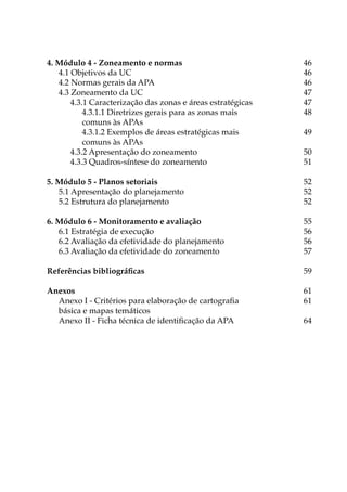 4. Módulo 4 - Zoneamento e normas 46
4.1 Objetivos da UC 46
4.2 Normas gerais da APA 46
4.3 Zoneamento da UC 47
4.3.1 Caracterização das zonas e áreas estratégicas 47
4.3.1.1 Diretrizes gerais para as zonas mais  48
comuns às APAs
4.3.1.2 Exemplos de áreas estratégicas mais  49
comuns às APAs
4.3.2 Apresentação do zoneamento 50
4.3.3 Quadros-síntese do zoneamento 51
5. Módulo 5 - Planos setoriais 52
5.1 Apresentação do planejamento 52
5.2 Estrutura do planejamento 52

6. Módulo 6 - Monitoramento e avaliação 55
6.1 Estratégia de execução 56
6.2 Avaliação da efetividade do planejamento  56
6.3 Avaliação da efetividade do zoneamento 57
Referências bibliográficas 59
Anexos 61
Anexo I - Critérios para elaboração de cartografia  61
básica e mapas temáticos
Anexo II - Ficha técnica de identificação da APA 64
 