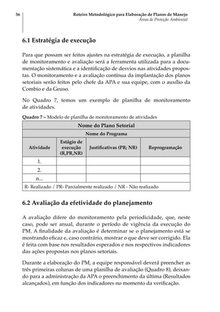 Roteiro Metodológico para Elaboração de Planos de Manejo
Áreas de Proteção Ambiental
56
6.1 Estratégia de execução
Para que possam ser feitos ajustes na estratégia de execução, a planilha
de monitoramento e avaliação será a ferramenta utilizada para a docu-
mentação sistemática e a identificação de desvios nas atividades propos-
tas. O monitoramento e a avaliação contínua da implantação dos planos
setoriais serão feitos pelo chefe da APA e sua equipe, com o auxílio da
Combio e da Geuso.
No Quadro 7, temos um exemplo de planilha de monitoramento
de atividades.
Quadro 7 – Modelo de planilha de monitoramento de atividades
Nome do Plano Setorial
Nome do Programa
Atividade
Estágio de
execução
(R,PR,NR)
Justificativas (PR; NR) Reprogramação
1.
2.
n...
R- Realizado / PR- Parcialmente realizado / NR - Não realizado
6.2 Avaliação da efetividade do planejamento
A avaliação difere do monitoramento pela periodicidade, que, neste
caso, pode ser anual, durante o período de vigência da execução do
PM. A finalidade da avaliação é determinar se o planejamento está se
mostrando eficaz e, caso contrário, mostrar o que deve ser corrigido. Ela
é feita com base nos resultados esperados e nos respectivos indicadores
das ações propostas nos planos setoriais.
Durante a elaboração do PM, a equipe responsável deverá preencher as
três primeiras colunas de uma planilha de avaliação (Quadro 8), deixan-
do para a administração da APA o preenchimento da última (Resultados
alcançados), em função dos indicadores no momento da verificação.
 