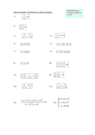 MATEMÁTICAS
INECUACIONES. SISTEMAS DE INECUACIONES.                                        1ºBACHILLERATO
                                                                               CC.SS.
1.-         x
               ≥0
          x +1


2.-    x +1
            ≥3
       x+2


           1   2                                            x
3.-          f                                     4.-         +1≤ 0
          x−3 x+3                                          x−3


5.-     2 x − 3y ≥ 2                               6.-          y + x p 2 x − 3y + 5


7.-     x 2 − 18 ≤ 0                               8.-          x 3 − 5x 2 + 6 x ≤ 0




9.-     x3 − x f 0                                10.-          x 2 − 3x + 2
                                                                             ≤0
                                                                6 − x2 + x


                                                          x2 − a2
11.-    x2 + 4   1   x+3                          12.-              p0
               −   f                                     ax − 2 a 2
        x −4 x−2 x+2
         2




           a    a+x                                               7    3
13.-          p                                   14.-              ≤
          x−a    a                                              x +7 x −8




                                                                 3 x + 2 y ≥ 2
        x ( x − 1)  ( x + 5 ) ( x + 3)
                     5      2            3

                                             ≤0                  
15.-                                                     16.-     x + 2y ≤ 7
             ( x 2 + 1) ( x − 6) 7
                       3
                                                                  −y −8 ≤ 0
                                                                 
 