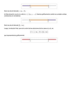 Esto nos da el intervalo .
b) Esta situación ocurre si y sólo si y . Veamos gráficamente cuándo se cumplen ambas
condiciones en simultáneo:
Esto nos da el intervalo .
Luego, la solución final, que es la unión de las soluciones de los casos a) y b), es
que representamos gráficamente:
 
