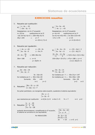 MATEMÁTICAS A 101
Sistemas de ecuaciones
EJERCICIOS resueltos
5. Resuelve por sustitución:
a)
⎩
⎨
⎧
=−−
−=+
5y5x10
25y4x
b)
⎩
⎨
⎧
−=−−
=+
43yx4
45y5x3
Despejamos x en la 1ª ecuación Despejamos y en la 2ª ecuación
x=-25-4y sustituimos en la 2ª y=-4x+43 sustituimos en la 1ª
-10(-25-4y)-5y=5 ⇒ 250+40y-5y=5 3x+5(-4x+43)=45 ⇒ 3x-20x+215=45
35y=-245 ⇒ y=-7 -17x=-170 ⇒ x=10
x=-25-4·(-7)=3 y=-4·10+43=3
6. Resuelve por igualación:
a)
⎩
⎨
⎧
=−
=+−
0y9x6
20yx4
9/x6y
x420y
=
+=
b)
⎩
⎨
⎧
=−
=−−
11y9x5
31y4x3
5/)y911(x
3/)y431(x
+=
−+=
9
x6
x420 =+ ⇒ 180+36x=6x
5
y911
3
y431 +
=
−
+
⇒ 5(31+4y)=-3(11+9y)
30x=-180 ⇒ x=-6 155+20y=-33-27y ⇒ 47y=-188 ⇒ y=-4
y=-36/9=-4 x=(11-36)/5=-5
7. Resuelve por reducción:
a)
⎩
⎨
⎧
=+
=−
4y2x8
25y10x5
b)
⎩
⎨
⎧
=+
=+
37y8x7
21y3x5
5x −10y=25 Se multiplica por -7 → -35x-21y=-147
Se multiplica por 5 → 40x+10y=20 Se multiplica por 5 → 35x+40y= 185
Sumando: 45x =45 Sumando: 19y= 38
x=1 y=-2 y=2 x=3
8. Resuelve:
⎩
⎨
⎧
=++
+=+
7)1y(2x
10y)3x(3
Se quitan paréntesis y se reorganiza cada ecuación, quedando el sistema equivalente:
⎩
⎨
⎧
=+
=−
5y2x
1yx3
que resolvemos por sustitución: x+2(3x-1)=5 x+6x-2 =5 7x = 7 x=1 y=2
9. Resuelve
⎪
⎩
⎪
⎨
⎧
=−
=−
28y7x7
15
22
5
y
3
x
quitando denominadores y simplificando la 2ª ecuación,
el sistema se convierte en uno equivalente.
Por REDUCCIÓN: 5x −3y = 22
-3x+3y =-12
2x = 10 ⇒ x=5 y=1
⎩
⎨
⎧
=−
=−
4yx
22y3x5
 