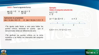CASO I: Tiene la siguiente forma:
ax + b > 0 ó ax + b < 0
cx +d cx +d
Aplicando la propiedad:
(ax + b )(cx +d) > 0 ó (ax + b) (cx + d )< 0
Se iguala cada factor a cero para hallar los
puntos críticos, teniendo en cuenta que el
denominador debe ser diferente de cero.
Se grafican los puntos críticos en la recta
numérica y se hallan los intervalos del conjunto
solución.
+
Ejemplo:
Hallar el conjunto solución de:
x + 1 > 0
x -2
(x + 1 )(x -2) > 0 ; x ≠ 2
C.S = <-∞; -1> U < 2; +∞>
-1 2
-
+
 