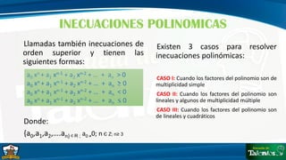 Llamadas también inecuaciones de
orden superior y tienen las
siguientes formas:
Donde:
{a0,a1,a2,….an} Є R ; a0 ≠0; n Є Z; n≥ 3
INECUACIONES POLINOMICAS
a0 xn + a1 xn-1 + a2 xn-2 + … + an > 0
a0 xn + a1 xn-1 + a2 xn-2 + … + an ≥ 0
a0 xn + a1 xn-1 + a2 xn-2 + … + an < 0
a0 xn + a1 xn-1 + a2 xn-2 + … + an ≤ 0
Existen 3 casos para resolver
inecuaciones polinómicas:
CASO I: Cuando los factores del polinomio son de
multiplicidad simple
CASO II: Cuando los factores del polinomio son
lineales y algunos de multiplicidad múltiple
CASO III: Cuando los factores del polinomio son
de lineales y cuadráticos
 