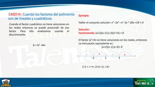 CASO III: Cuando los factores del polinomio
son de lineales y cuadráticos
Cuando el factor cuadrático no tiene soluciones en
los reales entonces se puede prescindir de ese
factor. Para ello analizamos usando el
discriminante.
∆ = b2 -4ac
Ejemplo:
Hallar el conjunto solución: x5 -2x4 –x3 -2x 2-20x +24 < 0
Solución:
Factorizando: (x+2)(x-1) (x-3)(x2+4) < 0
El factor (x2+4) no tiene soluciones en los reales, entonces
La inecuación equivalente es:
(x+2)(x-1) (x-3)< 0
-2 1 3
+
+ -
C.S = <-∞;-2>U <1; +3>
-
 