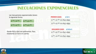 INECUACIONES EXPONENCIALES
Las inecuaciones exponenciales tienen
la siguiente forma:
b P(x) < b Q(x)
b P(x) > b Q(x)
Donde P(x) y Q(x) son polinomios. Para
resolverlas se tiene en cuenta:
b P(x) ≤ b Q(x)
b P(x) ≥ b Q(x)
PRIMER CASO: si b>1
b P(x) > b Q(x) ↔ P(x) >Q(x)
b P(x) < b Q(x) ↔ P(x) <Q(x)
SEGUNDO CASO: si 0<b<1
b P(x) > b Q(x) ↔ P(x) <Q(x)
b P(x) < b Q(x) ↔ P(x) >Q(x)
 