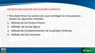 METODOS PARA RESOLVER UNA ECUACIÓN CUADRATICA
• Para determinar los valores de x que satisfagan las inecuaciones
existen los siguientes métodos:
1. Método de los Puntos Críticos
2. Método de Ley de Signos
3. Método de Complementación de Cuadrados Perfectos
4. Método del Discriminante
 