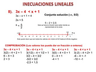 8). 3x – 4 < x + 1
Conjunto solución (-, 5/2)
- 10 -9 -8 -7 -6 -5 -4 -3 -2 -1 0 1 2 3
( )- +
Esto quiere decir que son todos los valores sin incluir el 5/2 hasta el infinito negativo
3x – 4 < x + 1
3(2) – 4 < 2 + 1
6 – 4 < 3
2 < 3
3x – x < 1 + 4
2x < 5
x 5
2
<
5  2 = 2,5
Solo se hace la división para saber donde va
representado en la recta
5/2
COMPROBACIÓN (Los valores los puedo dar en fracción o enteros)
3x – 4 < x + 1
3(1/2) – 4 < 1/2 + 1
3/2 – 4 < 3/2
-5/2 < 3/2
-2,5 < 1,5
3x – 4 < x + 1
3(0) – 4 < 0 + 1
0 – 4 < 1
-4 < 1
3x – 4 < x + 1
3(-2) – 4 <-2+ 1
-6 – 4 < -1
-10 < -1
 