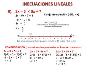 9). 2x – 3 < 5x + 7
Conjunto solución (-5/2, +)
-5 -4 -3 -2 -1 0 1 2 3 4 5 6 7 8
( )- +
Esto quiere decir que son todos los valores sin incluir el -5/2 hasta el infinito positivo
2x – 3 < 5x + 7
2(-2) – 3 < 5(-2) + 7
-4 – 3 < -10 + 7
-7 < -3
2x – 5x < 7 + 3
-3x < 10 (-1)
x 5
2
> -
-5  2 = -2,5
Solo se hace la división para saber donde va
representado en la recta
-5/2
COMPROBACIÓN (Los valores los puedo dar en fracción o enteros)
3x > -10
2x – 3 < 5x + 7
2(0) – 3 < 5(0) + 7
0– 3 < 0+ 7
-3 < 7
2x – 3 < 5x + 7
2(3/2) – 3 < 5(3/2) + 7
3 – 3 < 15/2+ 7
0 < 29/2
0 < 14.5
 