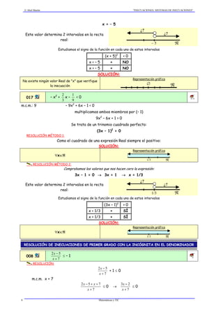  Abel Martín "INECUACIONES. SISTEMAS DE INECUACIONES"
Matemáticas y TIC8
x = – 5
Este valor determina 2 intervalos en la recta
real:
ℜ– 5
¿?
¿?
Estudiamos el signo de la función en cada uno de estos intervalos
(x + 5)2
< 0
x < – 5 + NO
x > – 5 + NO
SOLUCIÓN:
No existe ningún valor Real de "x" que verifique
la inecuación
Representación gráfica
∅ ℜ
017 – x2
+
3
2
x –
9
1
< 0 4E/1B
m.c.m.: 9 – 9x2
+ 6x – 1 < 0
multiplicamos ambos miembros por (– 1)
9x2
– 6x + 1 > 0
Se trata de un trinomio cuadrado perfecto:
(3x – 1)2
> 0
RESOLUCIÓN MÉTODO 1:
Como el cuadrado de una expresión Real siempre el positivo:
SOLUCIÓN:
∀x∈ℜ
Representación gráfica
1/3 ℜ
RESOLUCIÓN MÉTODO 2:
Comprobamos los valores que nos hacen cero la expresión:
3x – 1 = 0 → 3x = 1 → x = 1/3
Este valor determina 2 intervalos en la recta
real:
ℜ1/3
¿?
¿?
Estudiamos el signo de la función en cada uno de estos intervalos
(3x – 1)2
> 0
x < 1/3 + SÍ
x > 1/3 + SÍ
SOLUCIÓN:
∀x∈ℜ
Representación gráfica
1/3 ℜ
RESOLUCIÓN DE INECUACIONES DE PRIMER GRADO CON LA INCÓGNITA EN EL DENOMINADOR
008
7
52
+
−
x
x
≤ – 1 1B
RESOLUCIÓN:
7
52
+
−
x
x
+ 1 ≤ 0
m.c.m. x + 7
7
752
+
++−
x
xx
≤ 0 →
7
23
+
+
x
x
≤ 0
 