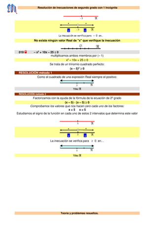 Resolución de inecuaciones de segundo grado con 1 incógnita
Teoría y problemas resueltos.
- 5 ℜ
- 5 ℜ
+
+
+
+
La inecuación se verifica para < 0 en…
No existe ningún valor Real de "x" que verifique la inecuación
∅ ℜ
019 – x2
+ 10x – 25 ≤ 0
multiplicamos ambos miembros por (– 1)
x2
– 10x + 25 ≥ 0
Se trata de un trinomio cuadrado perfecto:
(x – 5)2
≥ 0
RESOLUCIÓN método 1
Como el cuadrado de una expresión Real siempre el positivo:
5 ℜ
∀x∈ℜ
RESOLUCIÓN método 2
Factorizamos con la ayuda de la fórmula de la ecuación de 2º grado
(x – 5) · (x – 5) ≥ 0
Comprobamos los valores que nos hacen cero cada uno de los factores:
x = 5 x = 5
Estudiamos el signo de la función en cada uno de estos 2 intervalos que determina este valor
5 ℜ
5 ℜ
+
+
+
+
La inecuación se verifica para ≥ 0 en…
5 ℜ
∀x∈ℜ
 