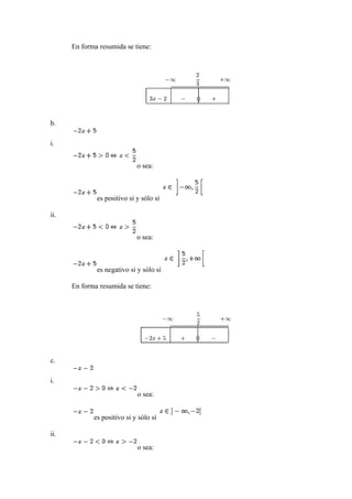 En forma resumida se tiene:
b.
i.
o sea:
es positivo si y sólo sí
ii.
o sea:
es negativo si y sólo sí
En forma resumida se tiene:
c.
i.
o sea:
es positivo si y sólo sí
ii.
o sea:
 