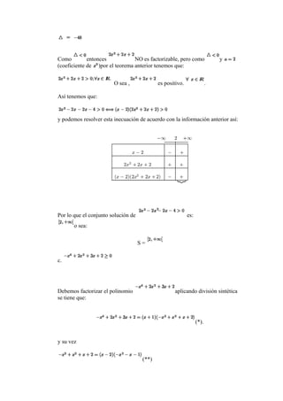 Como entonces NO es factorizable, pero como y
(coeficiente de )por el teorema anterior tenemos que:
O sea , es positivo. .
Así tenemos que:
y podemos resolver esta inecuación de acuerdo con la información anterior así:
Por lo que el conjunto solución de es:
o sea:
S =
c.
Debemos factorizar el polinomio aplicando división sintética
se tiene que:
(*).
y su vez
(**)
 