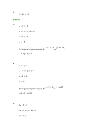 f.
Solución
a.
Por lo que el conjunto solución de es
b.
Por lo que el conjunto solución de es
c.
 