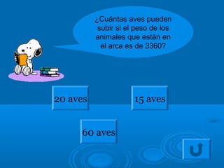 ¿Cuántas aves pueden
subir si el peso de los
animales que están en
el arca es de 3360?
20 aves
60 aves
15 aves
 