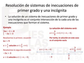 Resolución de sistemas de inecuaciones de
primer grado y una incógnita
• La solución de un sistema de inecuaciones de primer grado y
una incógnita es el conjunto intersección de la cada una de las
inecuaciones que forman el sistema.
Ejemplo
𝟔𝒙 − 𝟏 > 𝟖
−𝟑𝒙 > 𝟑
Resolvemos la primera ecuación
𝟔𝒙 > 𝟗
𝒙 >
𝟑
𝟐
solución 𝒙 ∈ (
𝟑
𝟐
, +∞)
Resolvemos la segunda ecuación
−𝟑𝒙 > 𝟑
𝒙 <-1 solución 𝒙 ∈ (−∞, −𝟏)
La solución del sistema será:
𝒙 ∈ (
𝟑
𝟐
, +∞) ∩ (−∞, −𝟏)
Por tanto, la solución en este caso
es el conjunto vacío
𝟑
𝟐
−𝟏
𝒙 ∈ (
𝟑
𝟐
, +∞)𝒙 ∈ (−∞, −𝟏)
 