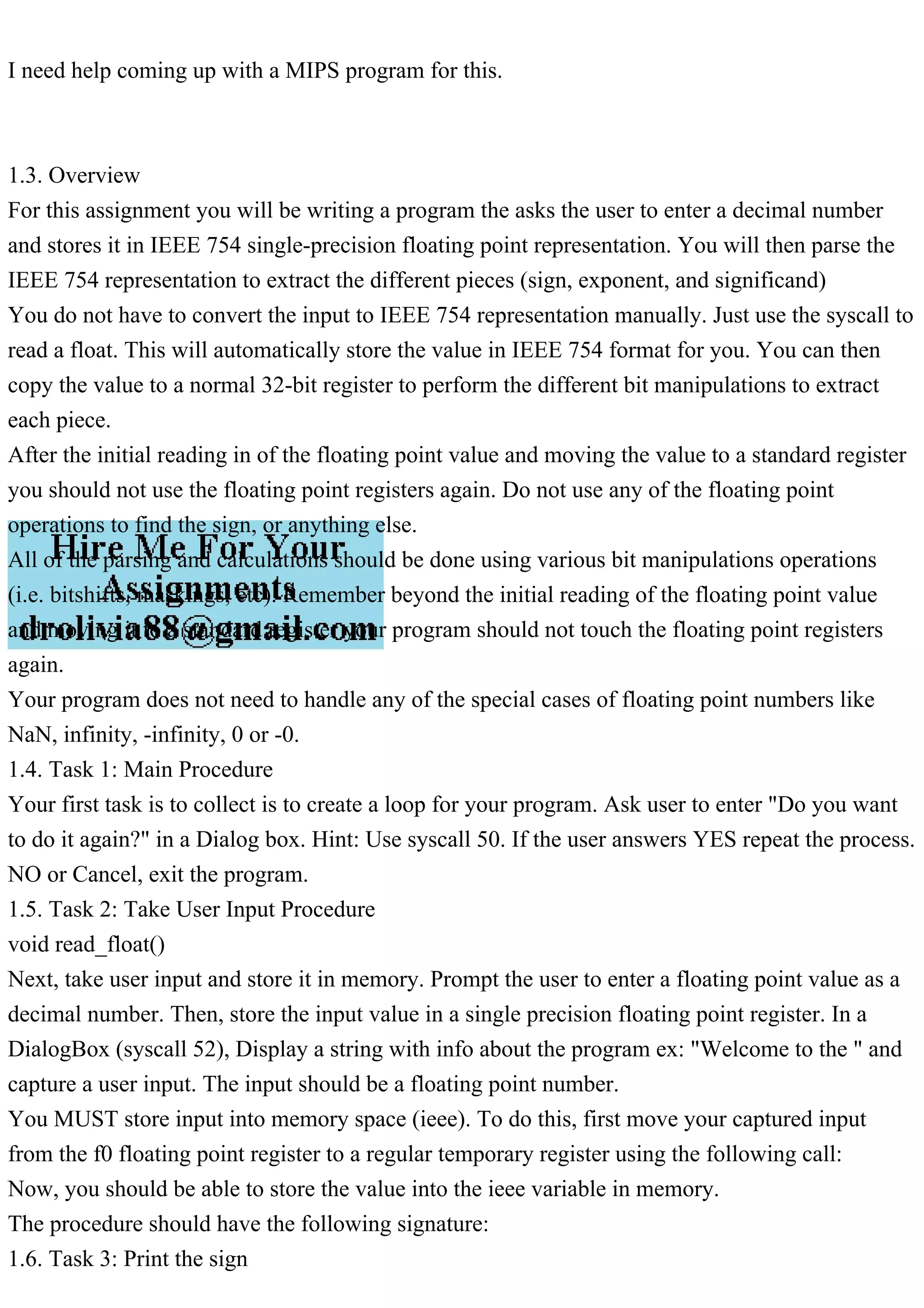 I need help coming up with a MIPS program for this.1.3. Overvi.pdf