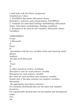 I need help with the below assignment.
Attached are 3 docs-
1. EXAMPLE Document (Document Name:
descriptive_statistics_and_interpretation_EXAMPLE)
2. Template for individual findings methodology (Document
Name: individual_methodology_findings_template)
3. document to be used for the variables. (Document Name:
Variables)
ASSIGNMENT:
Create
a Microsoft
®
Excel
®
spreadsheet with the two variables from your learning team's
dataset.
Analyze
the data with Microsoft
®
Excel
®
or other statistical tool(s), including:
Descriptive stats for each numeric variable
Histogram for each numeric variable
Bar chart for each attribute (non numeric) variable
Scatter plot if the data contains two numeric variables
Determine
the appropriate descriptive statistics.
For normally distributed data use the mean and standard
deviation.
For significantly skewed data use the median and interquartile
range.
Use
the
 