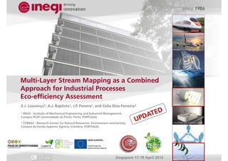 1PRODU[T]ECH
AUTOMOBILE AND TRANSPORT
AERONAUTICS, SPACE AND DEFENCE
HEALTH
SEA ECONOMY
ENERGY
EQUIPMENT AND DURABLE GOODS
SERVICES
ENVIRONMENT
Multi-Layer Stream Mapping as a Combined
Approach for Industrial Processes
Eco-efficiency Assessment
E.J. Lourenço1, A.J. Baptista1, J.P. Pereira1, and Celia Dias-Ferreira2
1 INEGI - Institute of Mechanical Engineering and Industrial Management,
Campus FEUP, Universidade do Porto, Porto, PORTUGAL
2 CERNAS - Research Center for Natural Resources, Environment and Society,
Campus da Escola Superior Agrária, Coimbra, PORTUGAL
Singapore 17-19 April 2013
 