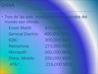 <ul><li>Tres de las seis  compañías mas grandes del mundo son chinas. </li></ul><ul><li>Exxon Mobil:  470,000 MDD </li></u...