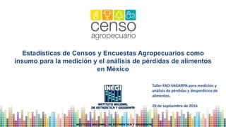 Estadísticas de Censos y Encuestas Agropecuarios como
insumo para la medición y el análisis de pérdidas de alimentos
en México
Taller FAO-SAGARPA para medición y
análisis de pérdidas y desperdicios de
alimentos.
20 de septiembre de 2016
 