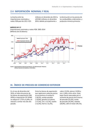Evolución de las Exportaciones e Importaciones
26
823
1 090
1 294
1 483
1 471
1 891
2 036
2 135 2 051
2 164
1 004
1 358
1 745
1 866 1 966
2 652
3 150
3 048 3 066
3 028
400
1300
2200
3100
4000
E
2005
A J O E
2006
A J O E
2007
A J O E
2008
A J O E
2009
A J O E
2010
A J O E
2011
A J O E
2012
A J O E
2013
A J O E
2014
A J O D
Gráfico Nº 17
Importaciones nominales y reales FOB: 2005-2014
(Millones de US dólares)
Importación Real
Importación Nominal
Fuente: Superintendencia Nacional de Aduanas y de Administración Tributaria.
Instituto Nacional de Estadística e Informática.
GRÁFICO Nº 17
Importaciones nominales y reales FOB: 2005-2014
(Millones de US dólares)
2.4	 IMPORTACIÓN NOMINAL Y REAL
III. ÍNDICE DE PRECIOS DE COMERCIO EXTERIOR
La brecha entre las
importaciones nominales y
reales FOB pasó de US$ 1 015
millones en diciembre de 2013 a
US$ 865 millones en diciembre
2014, debido principalmente a
la disminución en los precios de
los combustibles y lubricantes, y
productos mineros primarios.
En el mes de diciembre del
2014, el índice de precios de
los bienes de exportación FOB
(IPEX) e importación CIF (IPIM)
se redujo en 7,71% y 6,34%, en
relación a similar mes del año
pasado.
Entre los bienes de exportación
que registraron caída de precios
se encuentran el residual 6
(-18,5%), aceites pesados
(-19,0%), gasolina sin plomo
(-17,5%), zinc (-13,7%), estaño
(-12,5%), hierro (-12,2%),
cobre (-9,5%), plomo (-9,0%) y
oro (-1,8%), entre otros. Estas
bajas fueron atenuadas por el
aumento de precios de la harina
de pescado (53,3%), aceite
de pescado (35,0%), cebollas
(26,8%), café sin tostar (49,1%),
Precios
Fuente:	 Superintendencia Nacional de Aduanas y de Administración Tributaria.
	 Instituto Nacional de Estadística e Informática.
 