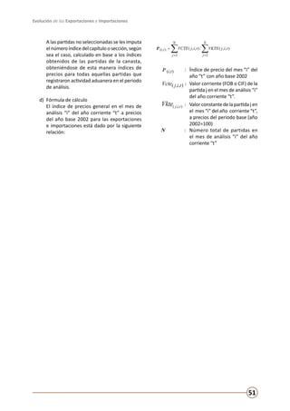 Evolución de las Exportaciones e Importaciones
51
	 A las partidas no seleccionadas se les imputa
elnúmeroíndicedelcapítuloosección,según
sea el caso, calculado en base a los índices
obtenidos de las partidas de la canasta,
obteniéndose de esta manera índices de
precios para todas aquellas partidas que
registraron actividad aduanera en el periodo
de análisis.
d) 	Fórmula de cálculo
	 El índice de precios general en el mes de
análisis “i” del año corriente “t” a precios
del año base 2002 para las exportaciones
e importaciones está dado por la siguiente
relación:
∑∑ ==
=
N
j
N
j
ti tijVKTEtijVCTEIP
11
),( ),,(/),,(
	
),( tiIP : 	 Índice de precio del mes “i” del
año “t” con año base 2002
),,( tijVcte : 	Valor corriente (FOB o CIF) de la
partida j en el mes de análisis “i”
del año corriente “t”.
),,( tijVkte : 	 Valor constante de la partida j en
el mes “i” del año corriente “t”,
a precios del periodo base (año
2002=100)
N : 	 Número total de partidas en
el mes de análisis “i” del año
corriente “t”
 