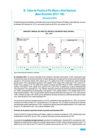 Pág.18
III. Índice de Precios al Por Mayor a Nivel Nacional
(Base Diciembre 2013 = 100)
El Instituto Nacional de Estadística e Informática informa que el Índice de Precios al Por Mayor a Nivel Nacional, en el mes
de diciembre 2014 decreció en -0,31%, acumulando durante el año 2014, una variación de 1,47%.
Diciembre 2014
En diciembre 2014, los precios mayoristas de los productos nacionales disminuyeron -0,43%, presentando igual
comportamiento todos sus sectores económicos. El sector Agropecuario se explica por los menores precios del subsector
pecuario en -0,7% (huevos rosados -3,8%, pollo en pie -2,1% y gallina en pie -0,6%; no obstante que, subió el precio del
ganado porcino 1,9%); y del subsector agrícola en -0,2% (cebolla -12,9%, mango -8,0%, arveja verde - 7,9%, quinua -6,1%,
tomate -3,5% y papaya -2,1%). De similar forma, bajaron los precios del sector Pesca en -5,50%, mostrando la pesca
marítima -5,9% (perico -12,0%, caballa -8,3%, cojinova -5,2% y jurel -2,5%); no obstante que, la pesca continental subió
4,9% (boquichico 11,3% y palometa con 11,1%).También, observaron contracción de precios los productos manufacturados
con -0,39%, principalmente por los combustibles, como gasohol -17,0%, petróleo residual -11,4%, petróleo diésel -6,2% y
el gas licuado de petróleo -1,5%; y en igual sentido, algunos productos alimenticios como yogur con -3,2%, carne de pavo
-1,8% y manteca de cacao -0,8%, efecto que fue atenuado por las alzas de precios en conservas de pescado en trozos
4,2%, carne de porcino 3,4% y leche evaporada 0,5%.
Los precios de los productos importados subieron en 0,07%, ubicándose el sector agropecuario con 1,82%, por el alza de
los precios en la malta sin tostar 4,7%, maíz amarillo duro 2,1% y trigo duro 1,4%. En cambio, los precios de los productos
manufacturados cayeron ligeramente en -0,03%, influyendo los menores precios del petróleo diésel en -6,0%, aceite crudo
de soya -2,1%, televisores a color -1,2% y abonos fosfatados -0,6%.
Evolución de los precios mayoristas durante el periodo enero-diciembre 2014
Durante el año 2014, el Índice de Precios al Por Mayor registró una variación acumulada de 1,47%, resultado algo menor
al observado en el año 2013, que fue 1,55%. La tasa de crecimiento promedio mensual fue de 0,12%.
Los precios de los productos de origen nacional, acumularon en el periodo enero – diciembre 2014, un aumento de 1,42%,
destacando el comportamiento al alza de los productos agropecuarios con 6,58%, donde el subsector pecuario creció 7,1%
(gallina en pie 12,4%, pollo en pie 9,7%, huevos 9,5%, ganado vacuno y porcino con 7,9% y 7,1%, respectivamente); y en
VARIACIÓN % MENSUAL DEL ÍNDICE DE PRECIOS AL POR MAYOR A NIVEL NACIONAL:
2012 – 2014
Fuente: Instituto Nacional de Estadística e Informática
2012 2013 2014
-0,52
0,13
0,61
0,12
-0,34
-0,07
-0,84
0,24
0,40
0,02
-0,23
-0,12
-0,78
0,08
0,28
0,05
-0,30
0,82
0,97
0,85
0,52
-0,41
-0,40
-0,11
0,03
0,20
0,38
0,06
0,18
-0,15
0,10
0,21
0,34
0,49
-0,07
-0,31
E F M A M J J A S O N D E F M A M J J A S O N D E F M A M J J A S O N D
Variación % mes de análisis
Variación % mensual Variación Anual: 1,47%
 