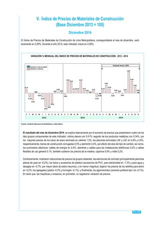 Pág.22
V. Índice de Precios de Materiales de Construcción
(Base Diciembre 2013 = 100)
El Índice de Precios de Materiales de Construcción de Lima Metropolitana, correspondiente al mes de diciembre, varió
levemente en 0,05%. Durante el año 2014, este indicador creció en 2,95%.
Diciembre 2014
VARIACIÓN % MENSUAL DEL ÍNDICE DE PRECIOS DE MATERIALES DE CONSTRUCCIÓN: 2012 - 2014
Fuente: Instituto Nacional de Estadística e Informática
2012 2013 2014
0,19
-0,18
-0,34
0,02
-0,02
-0,18
-0,69
-0,65
-0,52
0,02
0,06
0,02
-0,06
0,58
0,54
0,120,15
0,59
0,16
0,04
0,01
0,12
-0,18
-0,04
0,13
0,40
0,20
-0,03
0,05 0,04
-0,01
0,10
1,07
0,60
0,30
0,05
E F M A M J J A S O N D E F M A M J J A S O N D E F M A M J J A S O N D
Variación % mes de análisis
Variación % mensual
Variación Anual: 2,95%
El resultado del mes de diciembre 2014, se explica básicamente por el aumento de precios que presentaron cuatro de los
diez grupos componentes de este indicador: vidrios planos con 0,41%; seguido de los productos metálicos con 0,34%, por
los mayores precios de los tubos de acero laminado en caliente 1,5%, las planchas laminadas LAF y LAC en 0,8% y 0,6%,
respectivamente, barras de construcción corrugadas 0,5% y alambrón 0,4%, por efecto del alza del tipo de cambio; así como,
los suministros eléctricos: cables de energía en 0,4%, alambres y cables para las instalaciones telefónicas 0,2% y cables
flexibles de uso general 0,1%; también subieron los precios de la madera, capirona 0,8% y roble 0,2%.
Contrariamente, mostraron reducciones de precios los grupos restantes: las estructuras de concreto (principalmente planchas
planas de yeso en -6,2%); los tubos y accesorios de plástico (accesorios de PVC, para electricidad en -1,3% y para agua y
desagüe en -0,7%, por mayor stock de estos insumos); y en menor magnitud, bajaron los precios de los ladrillos para techo
en -0,2%; los agregados (piedra -0,3% y hormigón -0,1%); y finalmente, los aglomerantes (cemento portland tipo I en -0,1%).
En tanto que, las mayólicas y mosaicos, en promedio, no registraron variación de precios.
 