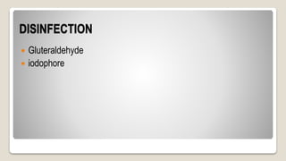 DISINFECTION
 Gluteraldehyde
 iodophore
 