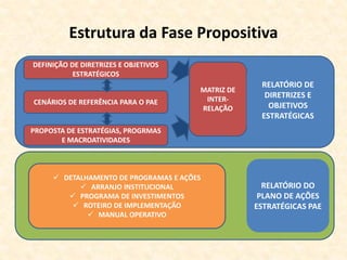Estrutura da Fase Propositiva
DEFINIÇÃO DE DIRETRIZES E OBJETIVOS
ESTRATÉGICOS
CENÁRIOS DE REFERÊNCIA PARA O PAE
PROPOSTA DE ESTRATÉGIAS, PROGRMAS
E MACROATIVIDADES
MATRIZ DE
INTER-
RELAÇÃO
RELATÓRIO DE
DIRETRIZES E
OBJETIVOS
ESTRATÉGICAS
RELATÓRIO DO
PLANO DE AÇÕES
ESTRATÉGICAS PAE
 DETALHAMENTO DE PROGRAMAS E AÇÕES
 ARRANJO INSTITUCIONAL
 PROGRAMA DE INVESTIMENTOS
 ROTEIRO DE IMPLEMENTAÇÃO
 MANUAL OPERATIVO
 