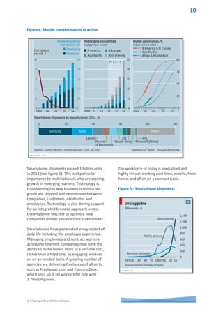 © Employer Brand International
Whilst it is not feasible to address all changes
at once, conducting a review to understand
how the organisation delivers the employee
experience and highlighting the gaps to
leaders will foster open and transparent
discussions on what needs to occur to align
the employee experience to support delivery
of the defined customer experience.
Relationship between customer experience
and employee experience
Customer experience serves as a key
differentiator for successful organizations.
Studies reveal companies who have invested
their time and resources in customer
experience management have reported
higher customer satisfaction and customer
loyalty, and a higher referral rate. For these
organizations customer experience
management is a way of life. They have
departments and adequate budgets focused
on designing the customer experience. It is
unfortunate whilst many of these
organizations appreciate that the ‘frontline’
employee is a critical touch point in delivering
the customer experience they do not match it
with the necessary resources and systems to
support them.
We would argue that putting as much effort
(if not more) in designing positive employee
experiences as we do for positive customer
experiences will result in optimizing corporate
performance. It is widely acknowledged there
is a positive correlation between a pleasant,
upbeat work environment, employee
engagement and customer satisfaction,
leading some experts to draw the conclusion
that employee engagement is the key to
customer engagement.
Many factors drive employee engagement at
varying degrees, but what needs to be
constant is that organizations must create the
conditions and environment for the employee
to choose to engage. Following the decision to
engage, employees engage at even higher
levels or disengage based on their personal
employee experience(s) with the organization.
High levels of engagement do not result from
organizations getting a few touch points right
by chance along the employee experience
journey. Organizations that thoughtfully
design differentiated employee experiences
and skilfully manage the employment lifecycle
at each touchpoint, especially the EBMOT’s
will reap enormous benefits. They create the
conditions for high levels of employee
engagement which in turn creates the pre-
condition for positive customer experiences -
and ultimately customer engagement. Quite
simply take care of your employees and they
will take care of your customers.
Enhancing the brand experience through
technology
Advances in technology and the rapid growth
of gadgets such as smartphones, tablets,
phablets and smartwatches is fuelling the
growth of internet usage around the world.
The numbers are staggering! Consider:
• There are 2 billion people around the
world using smartphones that have an
internet connection and a touchscreen or
something similar as an interface. By the
end of the decade the number is
estimated to double to just over 4 billion.
• Today nearly half the adult population
owns a smartphone; by 2020, 80% will
(see figure 4).
• Since 2005 the cost of delivering one
megabyte wirelessly has dropped from $8
to a few cents. It is still falling (see figure
4).
• Nearly 80% of smartphone-owners check
messages, news or other services within
15 minutes of getting up.
• Smartphones are the vehicle for bringing
billions more people online. The cheapest
of them now sell for less than $40, and
prices are likely to fall even further.
• The phone has the processing power of
yesterday’s supercomputers-even the
most basic model has access to more
number-crunching capacity than NASA
had when it put men on the Moon in
1969.
 