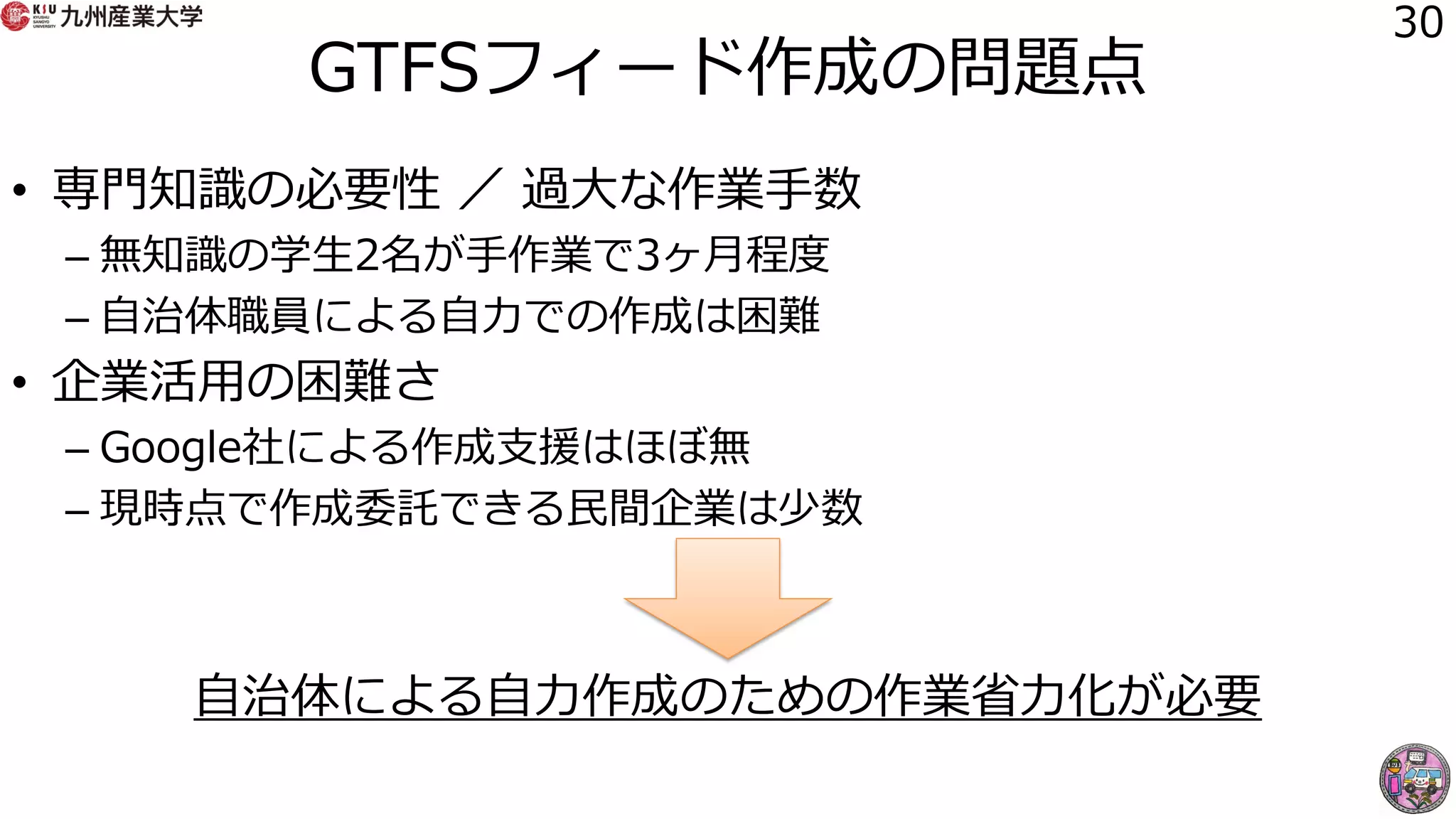GTFSフィード作成の問題点
• 専門知識の必要性 ／ 過大な作業手数
– 無知識の学生2名が手作業で3ヶ月程度
– 自治体職員による自力での作成は困難
• 企業活用の困難さ
– Google社による作成支援はほぼ無
– 現時点で作成委託できる民間企業は少数
自治体による自力作成のための作業省力化が必要
30
 