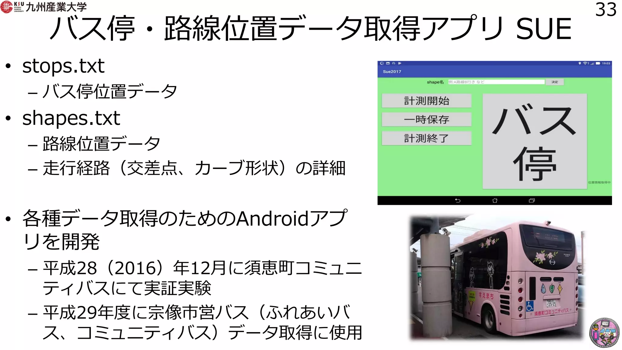 バス停・路線位置データ取得アプリ SUE
• stops.txt
– バス停位置データ
• shapes.txt
– 路線位置データ
– 走行経路（交差点、カーブ形状）の詳細
• 各種データ取得のためのAndroidアプ
リを開発
– 平成28（2016）年12月に須恵町コミュニ
ティバスにて実証実験
– 平成29年度に宗像市営バス（ふれあいバ
ス、コミュニティバス）データ取得に使用
33
 