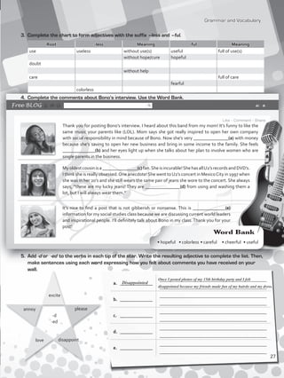 Grammar and Vocabulary
a.	 ______________
_____________________________________________
_____________________________________________
b.	 ______________
_____________________________________________
_____________________________________________
c.	 ______________
_____________________________________________
_____________________________________________
d.	 ______________
_____________________________________________
_____________________________________________
e.	 ______________
_____________________________________________
_____________________________________________
3.	 Complete the chart to form adjectives with the suffix –less and –ful.
Root -less Meaning -ful Meaning
use useless without use(s) useful full of use(s)
without hope/cure hopeful
doubt
without help
care full of care
fearful
colorless
4.	 Complete the comments about Bono’s interview. Use the Word Bank.
Thank you for posting Bono’s interview. I heard about this band from my mom! It’s funny to like the
same music your parents like (LOL). Mom says she got really inspired to open her own company
with social responsibility in mind because of Bono. Now she’s very _______________(a) with money
because she’s saving to open her new business and bring in some income to the family. She feels
______________(b) and her eyes light up when she talks about her plan to involve women who are
single parents in the business.
Myoldestcousinisa_______________(c)fan.Sheisincurable!ShehasallU2’srecordsandDVD’s.
I think she is really obsessed.One anecdote!She went toU2’s concert in MexicoCity in 1997 when
she was in her 20’s and she still wears the same pair of jeans she wore to the concert. She always
says, “these are my lucky jeans! They are _______________(d) from using and washing them a
lot, but I will always wear them.”
It’s nice to find a post that is not gibberish or nonsense. This is ______________(e)
information for my social studies class because we are discussing current world leaders
and inspirational people. I’ll definitely talk about Bono in my class. Thank you for your
post!
5.	Add -d or -ed to the verbs in each tip of the star. Write the resulting adjective to complete the list. Then,
make sentences using each word expressing how you felt about comments you have received on your
wall.
annoy
-d
-ed
please
love disappoint
excite
Once I posted photos of my 15th birthday party and I felt
disappointed because my friends made fun of my hairdo and my dress.
Disappointed
Word Bank
• hopeful • colorless • careful • cheerful • useful
27
VP5_WB_UNIT_3.indd 27 4/21/16 10:41 AM
 