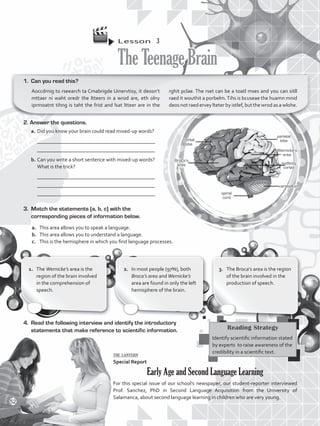 Lesson  3
TheTeenageBrain
1.	 Can you read this?
Aoccdrnig to rseearch ta Cmabrigde Uinervtisy, it deosn’t
mttaer ni waht oredr the ltteers in a wrod are, eth olny
iprmoatnt tihng is taht the frist and lsat ltteer are in the
rghit pclae. The rset can be a toatl mses and you can sitll
raed it wouthit a porbelm.Tihs is bcuseae the huamn mnid
deos not raedervey lteterby istlef, butthe wrod as a wlohe.
1.	 The Wernicke’s area is the
region of the brain involved
in the comprehension of
speech.
2.	 In most people (97%), both
Broca’s area andWernicke’s
area are found in only the left
hemisphere of the brain.
3.	 The Broca’s area is the region
of the brain involved in the
production of speech.
3.	 Match the statements (a, b, c) with the
corresponding pieces of information below.
a.	 This area allows you to speak a language.
b.	 This area allows you to understand a language.
c.	 This is the hemisphere in which you find language processes.
4.	 Read the following interview and identify the introductory
statements that make reference to scientific information.
the lantern
Special Report
Early Age and Second Language Learning
For this special issue of our school’s newspaper, our student-reporter interviewed
Prof. Sanchez, PhD in Second Language Acquisition from the University of
Salamanca, about second language learning in children who are very young.
Reading Strategy
Identify scientific information stated
by experts to raise awareness of the
credibility in a scientific text.
2. Answer the questions.
a.	Did you know your brain could read mixed-up words?
	 _____________________________________________
	 _____________________________________________
b. 	Can you write a short sentence with mixed-up words?
	 What is the trick?
	 _____________________________________________
	 _____________________________________________
	 _____________________________________________
frontal
lobe
Broca’s
area
spinal
cord
cerebellum
auditory
cortex
Wernicke’s
area
parietal
lobe
52
VP5_WB_UNIT_6.indd 52 3/23/16 10:58 AM
 