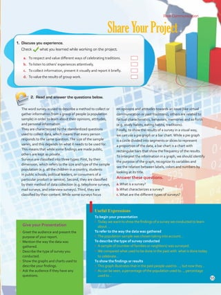 ShareYourProject
2.	 Read and answer the questions below.
Real Communication
Give your Presentation
•	 Greet the audience and present the
purpose of your report.
•	 Mention the way the data was
gathered.
•	 Describe the type of survey you
conducted.
•	 Show the graphs and charts used to
describe your findings.
•	 Ask the audience if they have any
questions.
Useful Expressions
To begin your presentation
•	 Today we want to show the findings of a survey we conducted to learn
about …
To refer to the way the data was gathered
•	 The population sample was chosen taking into account…
To describe the type of survey conducted
•	 A sample of (number of families or neighbors) was surveyed.
•	 We compared what used to be done in the past with what is done today
to celebrate…
To show the findings or results
•	 This graph illustrates that in the past people used to …, but now they…
•	 As can be seen, a percentage of the population used to…, percentage
used to…
1.	 Discuss you experience.
Check what you learned while working on the project.
The word survey is used to describe a method to collect or
gather information from a group of people (a population
sample) in order to learn about their opinions, attitudes,
and personal information.
They are characterized by the standardized questions
used to collect data, which means that every person
responds to the same question.The size of the sample
varies, and this depends on what it needs to be used for.
This means that while some findings are made public,
others are kept as private.
Surveys are classified into three types: First, by their
dimension, which refers to the size and type of the sample
population (e.g. all the children in a country, students
in public schools, political leaders, or consumers of a
particular product or service). Second, they are classified
by their method of data collection (e.g. telephone surveys,
mail surveys, and interview surveys).Third, they are
classified by their content.While some surveys focus
on opinions and attitudes towards an issue (like virtual
communication or past traditions), others are related to
factual characteristics, behaviors, memories and so forth
(e.g. study habits, eating habits, traditions).
Finally, to show the results of a survey in a visual way,
we can use a pie graph or a bar chart.While a pie graph
is a circle divided into segments or slices to represent
a proportion of the data, a bar chart is a chart with
rectangular bars that show the frequency of the results.
To interpret the information in a graph, we should identify
the purpose of the graph, recognize its variables and
see the relation between labels, colors and numbers by
looking at its title.
Answer these questions.
a.	What is a survey?
b.	What characterizes a survey?
c.	What are the different types of surveys?
a.	 To respect and value different ways of celebrating traditions. 	
b.	 To listen to others’ experiences attentively. 	
c.	 To collect information, present it visually and report it briefly. 	
d.	 To value the results of group work. 	
55
VP5 U4.indd 55 23/03/2016 08:42:48 a.m.
 