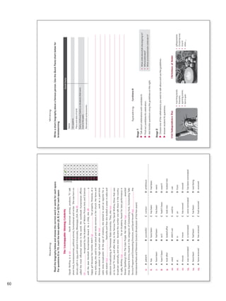 Answers
0ABCD
6ABCD
7ABCD
8ABCD
9ABCD
10ABCD
11ABCD
12ABCD
13ABCD
14ABCD
15ABCD
Reading
Readthebiographybelowandchoosethecorrectwordorwordsforeachspace.
Forquestions6to15,markthebestoption(A,B,CorD)foreachspace.
TheUnstoppableShiningCelebrity
OprahWinfreyisa(0)NorthAmericanactress,producer,TVtalk
showhost,businesswoman,politicalactivist,humanitarianandwriter.Shewasbornon
January29thin1954andraisedinKosciusko,Mississippi,USA.She(6)
calledthemostinfluentialwomanintheworld.Herworldwidehumanitarianefforts
(7)recognizedbytheAcademyofMotionPictureArtsandSciences
withtheJeanHersholtHumanitarianAward.Asachild,she(8)a
happygirlbecausehermotherdidn’t(9)herproperly.However,ata
veryearlyage,sheusedtoreadaloudandrecitesermonsinherchurch.Herfameand
fortunestartedinhighschoolwhenshe(10)workasapart-time
radionewsbroadcaster.Attheageofnineteen,shestartedtoworkasreporterfora
radiostation(11)Nashvilleandthenshestudiedacareerinradioand
televisionbroadcastingatTennesseeStateUniversity.Then,she(12)
ontolocalTVnews,andafterthat,tothefamousTheOprahWinfreyShowthatwas
broadcastnationally,andverysoonbecamethenumberonetalkshowinthecountry.
In1985,Winfrey(13)foranAcademyAwardforbestperformancein
StevenSpielberg’sfilmTheColorPurple.Hertalkshow(14)awarded
threeDaytimeEmmyAwardsinthecategoriesofOutstandingHost,OutstandingTalk/
ServiceProgramandOutstandingDirection,andOprahherself(15)the
InternationalRadioandTelevisionSociety’sBroadcasteroftheYearaward.
0.ApatientBsuccessfulCcuriousDambitious
6.AhasBhavebeenChasbeenDhadbeen
7.AhavebeenBhadbeenChasbeenDwere
8.Ahasn’tbeenBisn’tChadn’tbeenDwasn’t
9.AlookafterBlookedafterClookintoDlookedinto
10.AusedBdidn’tuseCusedtoDuse
11.AatBinConDfrom
12.AmovesBmoveChasmovedDmoved
13.AwasnominatedBisnominatedCwerenominatedDhasbeennominated
14.AhavebeenBhadbeenChasbeenDwasbeing
15.AhavereceivedBhasreceivedChadreceivedDreceived
VP5_TestTraining_B.indd6123/03/201608:01:37a.m.
Writing
Writeashortbiographyaboutafamousperson.UsetheQuickFactschartbelowfor
brainstorming.
QuickFacts
Name
Occupation
Placeanddateofbirth
Earlychildhood(habitsorsituationsthatwere
trueinthepast)
Remarkableachievements
SpeakingCandidateB
Stage1
uuTalkaboutcelebrationswithcandidateA.
uuFindoutcandidateA’scelebration.
uuAskhim/herquestionsusingtheguidelinesontheright.
•Whatcelebration/talkabout/goingto?
•When/celebrated?
•Whatactivities/done/tocelebrateit?
•marchingbands
•fireworks
•sportingevents
•bar-b-ques
USAIndependenceDayChristmasathome
•gifts/presents
•Christmastree
•church
•other...,
Stage2
uuChooseoneofthecelebrationsyouwanttotalkaboutandusetheguidelines.
uuAnswerstudentA’squestions.
VP5_TestTraining_B.indd6223/03/201608:01:39a.m.
60
VP5 TestTra B montaje.indd 60 3/30/16 10:05 AM
 
