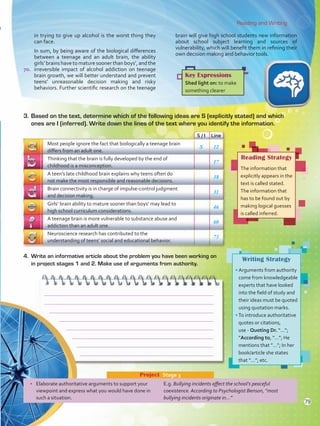 Reading and Writing
3.	Based on the text, determine which of the following ideas are S (explicitly stated) and which
ones are I (inferred). Write down the lines of the text where you identify the information.
in trying to give up alcohol is the worst thing they
can face.
In sum, by being aware of the biological differences
between a teenage and an adult brain, the ability
girls’brainshavetomaturesoonerthanboys’,andthe
irreversible impact of alcohol addiction on teenage
brain growth, we will better understand and prevent
teens’ unreasonable decision making and risky
behaviors. Further scientific research on the teenage
brain will give high school students new information
about school subject learning and sources of
vulnerability, which will benefit them in refining their
own decision making and behavior tools.
•	 Elaborate authoritative arguments to support your
viewpoint and express what you would have done in
such a situation.
E.g. Bullying incidents affect the school’s peaceful
coexistence. According to Psychologist Benson, “most
bullying incidents originate in…”
Project  Stage 3
Key Expressions
Shed light on: to make
something clearer
4.	 Write an informative article about the problem you have been working on
in project stages 1 and 2. Make use of arguments from authority.
Writing Strategy
• Arguments from authority
come from knowledgeable
experts that have looked
into the field of study and
their ideas must be quoted
using quotation marks.
•To introduce authoritative
quotes or citations,
use - Quoting Dr. “…”;
”According to, “…”; He
mentions that ”…”; In her
book/article she states
that “…”; etc.
Reading Strategy
The information that
explicitly appears in the
text is called stated.
The information that
has to be found out by
making logical guesses
is called inferred.
S / I Line
Most people ignore the fact that biologically a teenage brain
differs from an adult one.
S 12
Thinking that the brain is fully developed by the end of
childhood is a misconception.
17
A teen’s late childhood brain explains why teens often do
not make the most responsible and reasonable decisions.
38
Brain connectivity is in charge of impulse-control judgment
and decision making.
31
Girls’ brain ability to mature sooner than boys’ may lead to
high school curriculum considerations.
46
A teenage brain is more vulnerable to substance abuse and
addiction than an adult one.
60
Neuroscience research has contributed to the
understanding of teens’ social and educational behavior.
73








70.
79
VP5 Unidad 6.indd 79 23/03/2016 10:42:42 a.m.
 