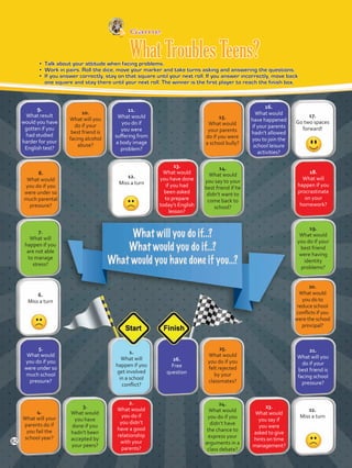 9.
What result
would you have
gotten if you
had studied
harder for your
English test?
Game
WhatTroublesTeens?•	 Talk about your attitude when facing problems.
•	 Work in pairs. Roll the dice, move your marker and take turns asking and answering the questions.
•	 If you answer correctly, stay on that square until your next roll. If you answer incorrectly, move back
one square and stay there until your next roll. The winner is the first player to reach the finish box.
10.
What will you
do if your
best friend is
facing alcohol
abuse?
11.
What would
you do if
you were
suffering from
a body image
problem?
12.
Miss a turn
13.
What would
you have done
if you had
been asked
to prepare
today’s English
lesson?
8.
What would
you do if you
were under so
much parental
pressure?
7.
What will
happen if you
are not able
to manage
stress?
6.
Miss a turn
5.
What would
you do if you
were under so
much school
pressure?
4.
What will your
parents do if
you fail the
school year?
3.
What would
you have
done if you
hadn’t been
accepted by
your peers?
2.
What would
you do if
you didn’t
have a good
relationship
with your
parents?
1.
What will
happen if you
get involved
in a school
conflict?
26.
Free
question
25.
What would
you do if you
felt rejected
by your
classmates?
24.
What would
you do if you
didn’t have
the chance to
express your
arguments in a
class debate?
23.
What would
you say if
you were
asked to give
hints on time
management?
22.
Miss a turn
21.
What will you
do if your
best friend is
facing school
pressure?
20.
What would
you do to
reduce school
conflicts if you
were the school
principal?
19.
What would
you do if your
best friend
were having
identity
problems?
18.
What will
happen if you
procrastinate
on your
homework?
17.
Go two spaces
forward!
16.
What would
have happened
if your parents
hadn’t allowed
you to join the
school leisure
activities?
15.
What would
your parents
do if you were
a school bully?
14.
What would
you say to your
best friend if he
didn’t want to
come back to
school?
82
VP5 Unidad 6.indd 82 23/03/2016 10:42:46 a.m.
 
