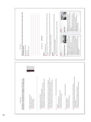 Listening
Youwilllistentoaradiointerview.Forquestions11-15,checkthe
correctanswerintheanswerbox.Youwilllistentotherecordingtwice.
Answers
0ABC
11ABC
12ABC
13ABC
14ABC
15ABC
0.Bullyingisathornyissuebecauseit
A.affectspeople’swell-being.
B.canbeeasilysolved.
C.involvesmanypeople.
11.Bullyingisunderstoodastheactof
A.helpingsomeonewhoissmallerorlessskillful.
B.persuadingsomeonetodosomethingtheydonotwanttodo.
C.beingphysicallyorverballyaggressivetosomeonewhoislesspowerful.
12.Theprincipalconsequencesforapersonwhoisavictimofbullyingare
A.highacademicachievementandactiveparticipationincurricularactivities.
B.poorschoolperformanceandfeelingsofrejectionandisolation.
C.toomuchfamilyandschoolpressure,aswellasconfusionandconflict.
13.arenecessarytofindsolutionstobullying
incidents.
A.Individual-isolatedactions
B.Actionsfromthewholeschoolcommunity
C.Actionsfromthewidercommunity
14.shouldhelppreventbullying.
A.Studentsandteachers
B.Teachersandparents
C.Thewholeschoolcommunity
15.Topreventbullyingincidents,youngstersshouldbeguidedin
A.dealingwithemotionaldecisionsandimpulses,aswellastakingcareoftheir
friends’problems.
B.listeningtotheirfriends’problemsandgivingadvice.
C.controllingimpulsesandestablishingcause-effectrelationships.
VP5_TestTraining_C.indd8723/03/201608:04:12a.m.
Card1
TheGreatWallofChina
•Basicinfo:ClosetoBeijing,itextends8,851.8
kilometersfromeasttowestChina.ListedasaWorld
HeritagesitebyUNESCOin1987.Knownasoneof
thegreatestwondersoftheworld
•Activities:TheMutianyusectionisoneofthemost
amazingattractionsforitsarchitecturalmagnificence.
Contemplatethearchitectureandbeautifulmountain
scenery.Tastearangeoftypicalfoodlikefriedrice,
noodlesoup,dumplingsandfriedvegetables
•Accommodation:Stayinlow-pricedhotelsorhostels
forbackpackers
Card2
IguazuFalls
•BasicInfo:Anaturalwonderthatwaslistedasa
WorldHeritagelandmarkin1984.Thefallsare
dividedbetween3countries:Argentina,Braziland
Paraguay
•Activities:Sight-seeingexcursions,helicopter
rides,boating,canoeing,rappelling,kayakingand
rafting.Tastefreshfruitandtypicaldishessuchas
Paraguayancake,galetoandrapadura
•Accommodation:Stayinlow-pricedhotelsor
hostelsforbackpackers
SpeakingCandidateB
Stage1
uuYouareapotentialtourist.
uuChooseonedestination:MatterhornMountaininSwitzerlandorthehistoricsanctuaryofMachuPicchu,
Peru.
uuAskcandidateA(thetravelagent)questionsabouttheplaceyouwanttogo.Findoutinformationabout
thelocation,activities,food,andaccommodation.
Stage2
uuYouareatravelagent.GivecandidateA(apotentialtourist)informationabouttheplacewherehe/she
wantstogo(oneoftheplacesbelow).
uuUsetheinformationincards1and2asguidelinestoanswercandidateA’squestions.
Writing
Writeashortdescriptionaboutaplacethatyouwouldrecommendforavacation.Keepinmind
thefollowingaspects.
uuDescriptionoftheplace
uuAttractions
uuActivitiestodothere
VP5_TestTraining_C.indd8823/03/201608:04:14a.m.
86
VP5 TestTra C montaje.indd 86 3/30/16 10:30 AM
 