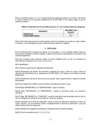 2006-141
- 7 -
4.4 Los neumáticos tipos 5, 6, 7 y 8, incluidos todas las categorías dadas en el numeral 1 del Anexo
A, deben cumplir con los requisitos establecidos en la NTE INEN 2 100 vigente, según lo que se
indica en la tabla 4.
TABLA 4. Requisitos de los neumáticos tipos 5, 6, 7 y 8, incluidos todas las categorías
REQUISITO
NTE INEN 2 100
Numeral
GENERALES 5.1.1
COMPLEMENTARIOS 5.2
4.5 La información técnica para la comercialización de los neumáticos que consten en hojas, folletos
o similares, o en el embalaje que cubra a cada neumático debe ser en español.
5. ROTULADO
5.1 El contenido de los rotulados que figuren en el neumático y en su embalaje, deben indicar de
forma clara e indeleble y en idioma español o ingles la información contemplada en el numeral 5.2 del
presente Reglamento.
5.2 Cada neumático debe presentar, fijadas de forma indeleble sobre uno de sus costados las
informaciones indicadas en 5.2.1; 5.2.2; 5.2.3 y 5.2.4.
5.2.1 Identificación
5.2.1.1 Marca y denominación registrada del fabricante.
5.2.1.2 Designación del tamaño del neumático, capacidad de carga o índice de carga y límite de
velocidad de conformidad con lo establecido en la NTE INEN 2 101 vigente y en el Anexo A de este
Reglamento;
5.2.1.3 Identificación del tipo de estructura de la carcasa: radial, diagonal (bias) o diagonal cinturada
(bias belted);
5.2.1.4 Las siglas M+S (o M&S) cuando se trata de neumático para lodo o nieve;
5.2.1.5 Sigla “REMARCABLE” y/o “REGROOVABLE”, según se aplique;
5.2.1.6 Sigla “REFORZADO” y/o “REINFORCED”, cuando el neumático posea una estructura
reforzada;
5.2.1.7 Sigla “SIN CAMARA” y/o “TUBELESS”, cuando el neumático fuese proyectado para su uso sin
tubo. Es obligatoria la aplicación de esa sigla en uno de los costados;
5.2.1.8 Indicación de la fecha de fabricación. Indicar la fecha de fabricación mediante un grupo de
cuatro números. Los dos primeros indican cronológicamente la semana de fabricación y los dos
últimos indican el año de producción.
5.2.2 Indicadores de desgaste de la banda de rodamiento para neumáticos radiales
5.2.2.1 Para los neumáticos tipo 2, 3, 4, 5, 6, 7 y 8
 